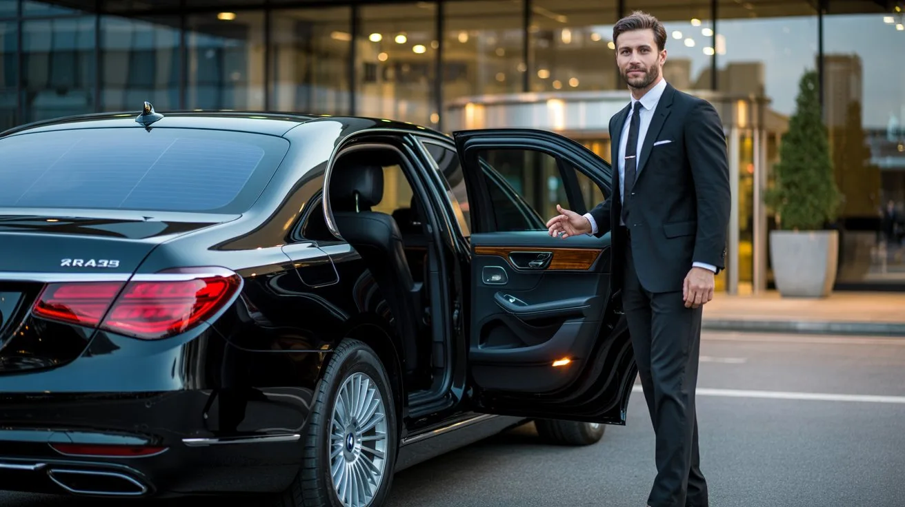 Professional chauffeur opening car door for corporate taxi transfer