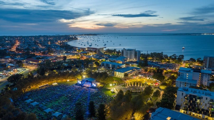Rockingham foreshore at dusk with outdoor community event, Rockingham WA
