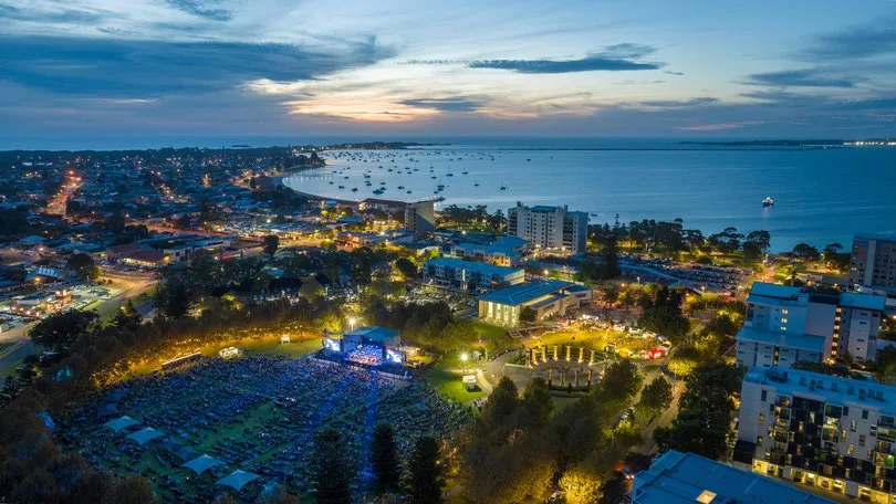 Rockingham foreshore at dusk with outdoor community event, Rockingham WA