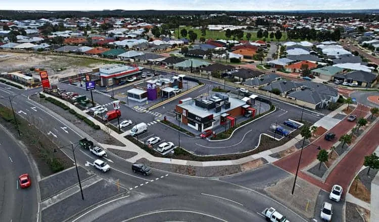 Aerial view of Ellenbrook shopping precinct and roundabout, Ellenbrook WA