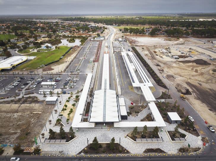 Aerial view of Ellenbrook train station and platforms, Ellenbrook WA
