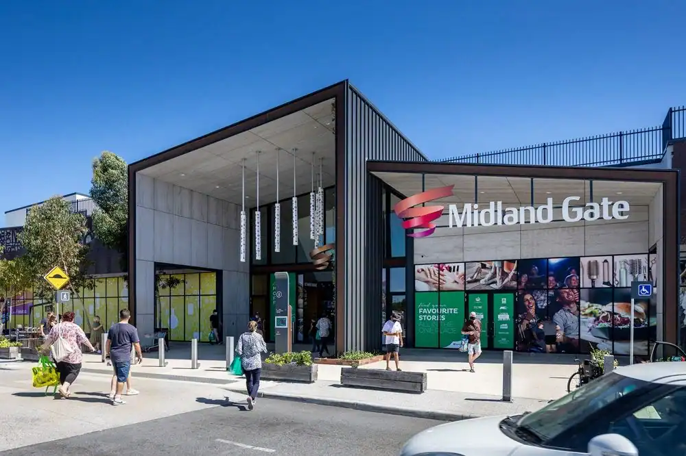 Midland Gate shopping centre entrance with shoppers, Midland WA